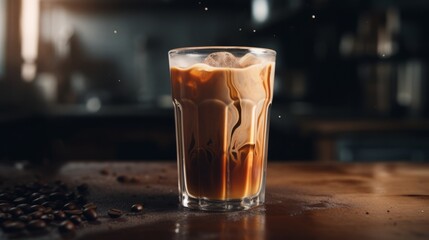 A glass of iced coffee sitting on top of a table