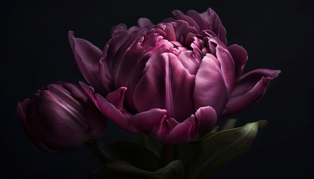 Vibrant tulip blossom in pink and purple, on black generated by AI