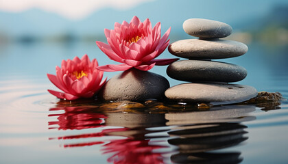 Tranquil scene, flower petals on smooth water generated by AI