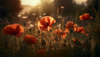 Vibrant wildflower meadow in tranquil rural scene at sunset generated by AI