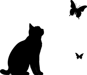 A kitten sits and looks at a flying butterfly. Black silhouette of a cat isolated on white background. AI generated illustration.