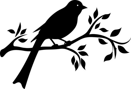 Black silhouette bird on the branch. Sparrow. For banner, poster, icon, badge. Vector illustration. AI generated illustration.
