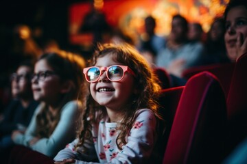 Joyful Child in With Cute Glasses Enthralled by Cinema Magic
