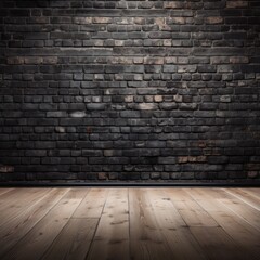 Black room with brick wall and wood floor
