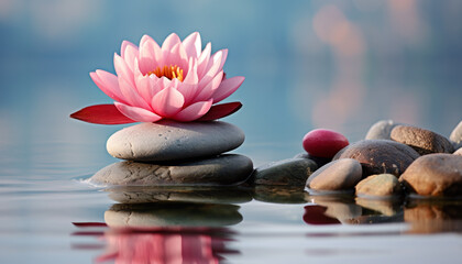 Tranquil scene of pink lotus reflects beauty generated by AI