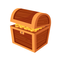Cartoon wooden chest with a lock, treasures, piles of gold coins and jewelry. illustration for game development, design elements, childrens board game, book. Pirate doubloons. Travel and adventure