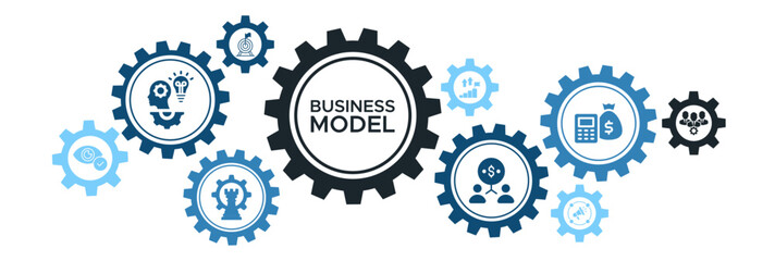 Business model banner website icon glyph silhouette with icon of vision, competence, partner, management, marketing, strategy, growth and revenue.