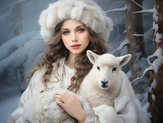 Maiden in winter, floral crown, embracing a lamb, forest backdrop, imbolc pagan spring holiday
