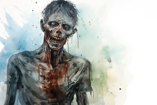horror zombie man figure - creepy spooky bloody zombie undead - Watercolor illustration - creative abstract paint strokes - white background