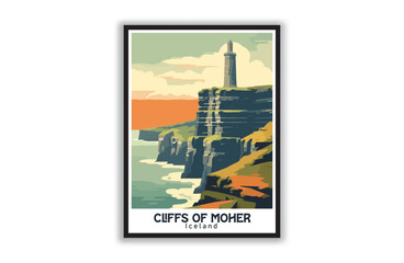 The Cliffs of Moher, Ireland. Vintage Travel Posters. Vector illustration, art. Famous Tourist Destinations Posters Art Prints Wall Art and Print Set Abstract Travel for Hikers Campers Living Room Dec