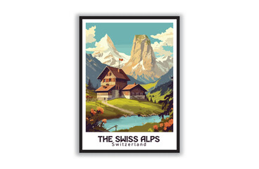 The Swiss Alps. Vintage Travel Posters. Vector illustration, art. Famous Tourist Destinations Posters Art Prints Wall Art and Print Set Abstract Travel for Hikers Campers Living Room Decor