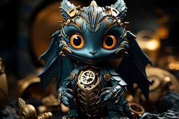Cute baby dragon puppy character Steampunk illustration