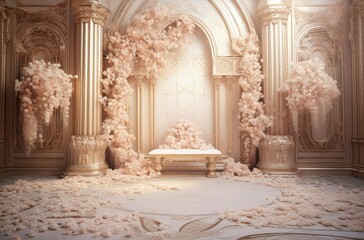 Digital Wedding Backdrop for Photography : Pink Flowers Frame Pillar Shooting Props with Fallen Petals Florals on the Floor