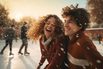 Happy couple of teenagers skating on ice on open rink. Having fun on winter holiday. Skaters enjoying winter holiday and ice skating - obrazy, fototapety, plakaty