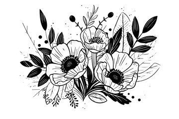 Hand drawn ink sketch of meadow wild flower composition. Engraved style vector illustration. - obrazy, fototapety, plakaty