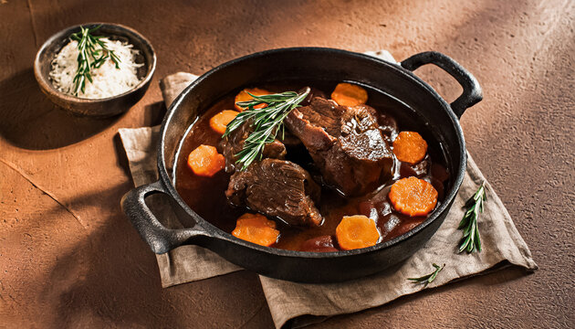braised beef cheeks in brown red wine sauce with carrots in black pan