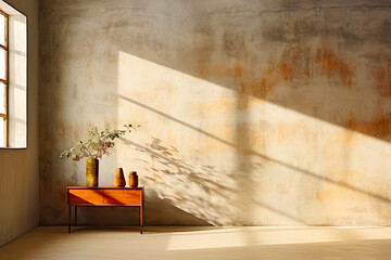 Empty texture beige wall with sunlight and beautiful shadow - abstract warm interior background