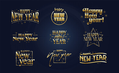 Happy new year lettering collection. Elegant golden design in dark background.