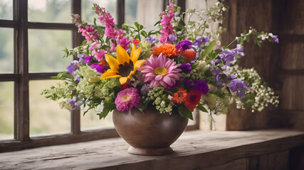 Fototapeta na wymiar Summer Bloom: A Decorative Bouquet of Flowers in a Vase for Vibrant and Refreshing Floral Decor