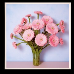 bouquet of pink gerbera flowers in a vase on pastel blue background. Spring pastel concept. Generative AI