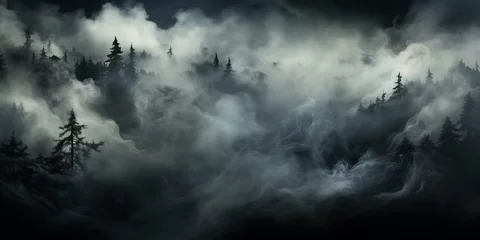 Photo sur Plexiglas Himalaya  low angle view of silhouette buildings against sky charcoal background high quality Pine forest on the slopes of the Himalayas in the fog.AI Generative