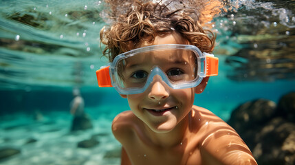 Fototapeta premium Joyful child snorkeling underwater with tropical fish around