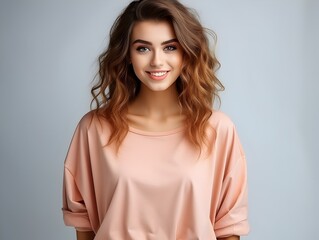 Obraz premium Charming young woman with a playful smile and casual style posing on a grey backdrop