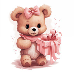 Cute bear with bow on his head gives gift