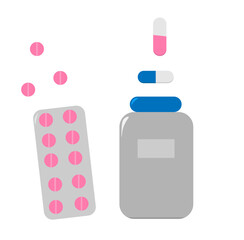 a blister with tablets and a jar with capsules medicine on a white background