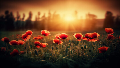 Fototapeta na wymiar Vibrant wildflower meadow at dawn, backlit by sunrise sky generated by AI