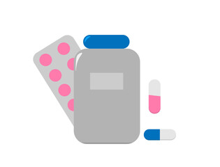 tablets blister jar with capsules and capsules separately on a white background