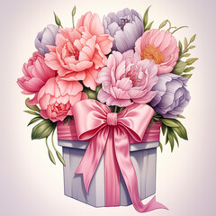 Gift in box is decorated with flowers and bow
