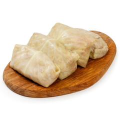 Cabbage stuffed with minced meat on a wooden board on a white background, isolated