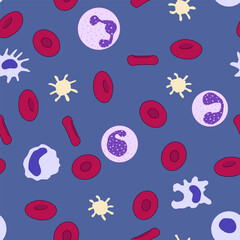 Flat cartoon seamless pattern of red and white blood cells on deep blue background.