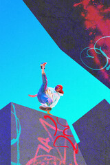 Athletic man in sport style clothes doin tricks, practicing parkour outdoors. Jumping on buildings. Contemporary art collage. Concept of creativity, sport, urban style, hobby, active lifestyle © master1305