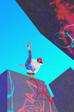 Athletic man in sport style clothes doin tricks, practicing parkour outdoors. Jumping on buildings. Contemporary art collage. Concept of creativity, sport, urban style, hobby, active lifestyle