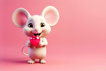 Cute cartoon anthropomorphic mouse with red heart, valentine's day card with copy space