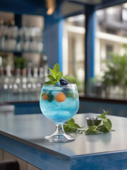 Drink - Cocktail on the table outside seating of a bar , blue incredients for the cocktail, summer cocktail, in a luxurious Michelin kitchen style, natural light