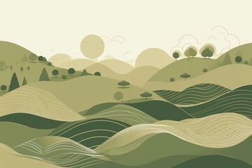 Obraz premium Illustation pastel green scenery with mountains and trees