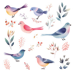 Collection of Watercolor Songbirds and Foliage, children's illustration, greeting card, design element, cover, wedding stationery, isolated on transparent background