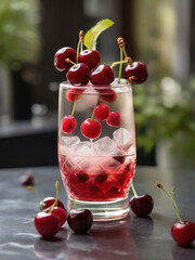 Drink - Cocktail on the table outside seating of a bar, Cherries incredients for the cocktail, summer cocktail, in a luxurious Michelin kitchen style, natural light