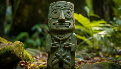 Ancient idol sculpture symbolizes spirituality in tropical rainforest generated by AI - obrazy, fototapety, plakaty