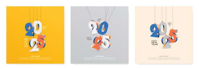 Happy new year 2025 square template with 3D hanging number on modern colour