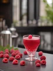 Drink - Cocktail on the table outside seating of a bar, Raspberries incredients for the cocktail, summer cocktail, in a luxurious Michelin kitchen style, natural light