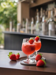 Drink - Cocktail on the table outside seating of a bar, Strawberries incredients for the cocktail, summer cocktail, in a luxurious Michelin kitchen style, natural light