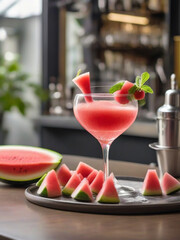 Drink - Cocktail on the table outside seating of a bar, Watermelon incredients for the cocktail, summer cocktail, in a luxurious Michelin kitchen style, natural light
