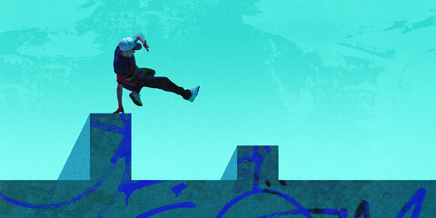 Brave active guy doing parkour outdoors, performing stunts, tricks. Street training. Contemporary art collage. Concept of creativity, sport, urban style, hobby, active lifestyle
