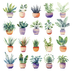 Assortment of Watercolor Potted Houseplants, design elements for eco-friendly project, DIY, bullet journals, advertising, isolated on transparent background