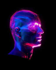 Obraz premium Dual lights cast an intriguing silhouette on a man's head against a sleek black background, creating a striking visual Created using generative AI tools 