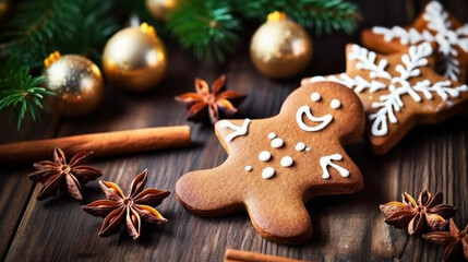 Fototapeta na wymiar Christmas homemade gingerbread cookies on wooden table. Generative AI